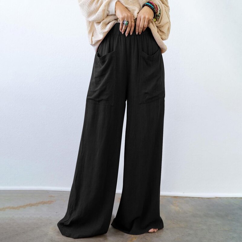 Spodnie z szerokimi nogawkami dla kobiet Elastyczny sznurek w talii Jednokolorowe lniane spodnie Przypadkowe luźne letnie spodnie plażowe z kieszeniami