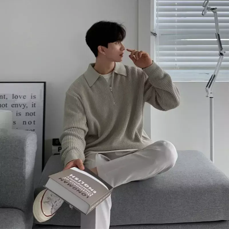 Koreanische dicke warm gestrickte Herren bekleidung lässig gestrickt Pullover Mann zu Mann Pullover für Männer lose Reiß verschluss Langarm Pullover männlich