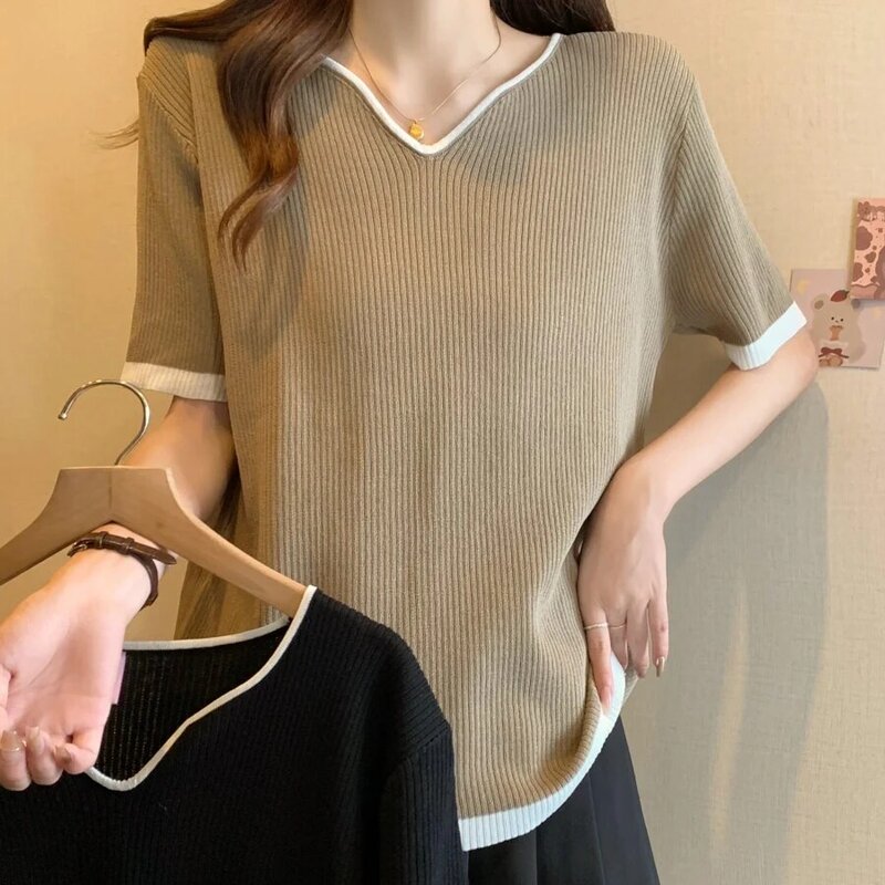 Summer Short Sleeve V-Neck Knitted Women Sweater Pullover Casual Knit Sweater Women Tops Blusas Mujer De Mode 2024 Verano H692