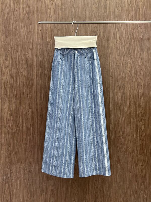 Żakardowe cienki dżins patchworkowe z koronką koronki luźna szeroka nogawki spodnie, dżinsy, długie spodnie damskie HL554