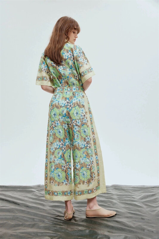 Vintage Green Floral Women Fashuon Casual floral Short Sleeves shirt top And High Wasit Wide Leg 9-point Pants Boho Sets