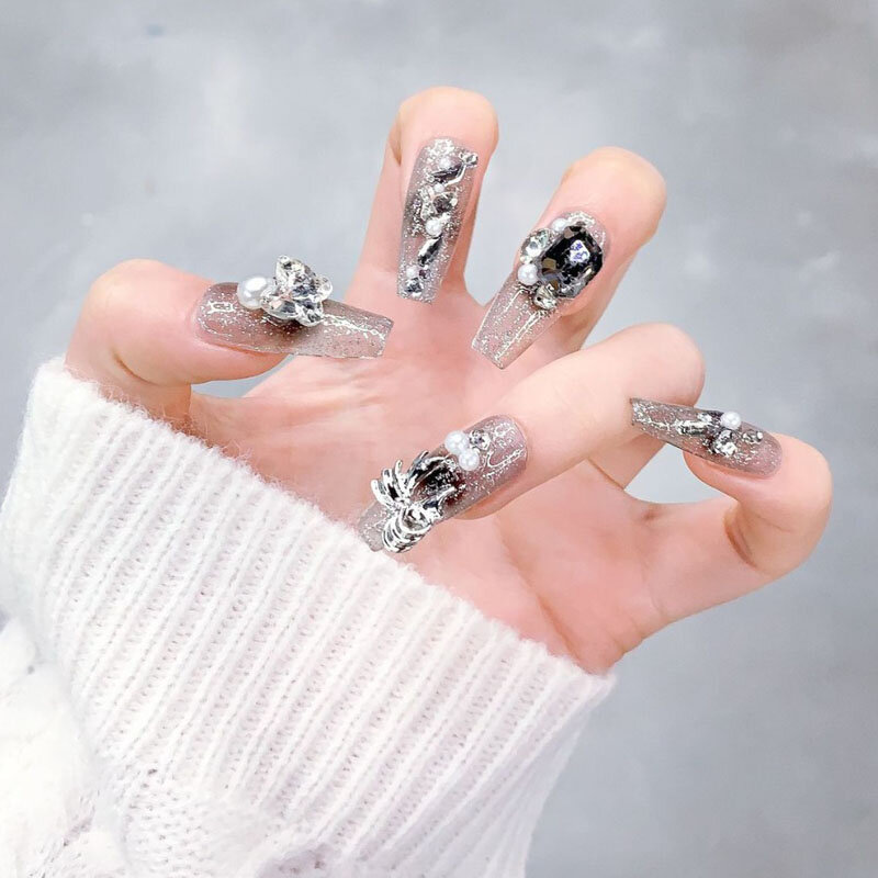 Purely hand-made nails, dark style, flashing, French pearl zircon relief, Douyin Xiaohongshu same style manicure