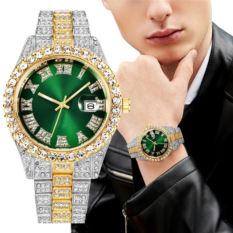 Relógio quartzo diamante aço inoxidável masculino, relógio luminoso, presente de luxo, calendário, moda, 2023