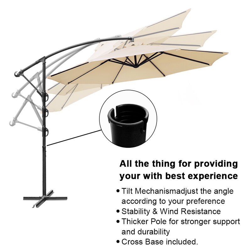 10FT Beige/Blue Cantilever Outdoor Patio Umbrella W/Crank&Cross Base/Angle Tilt 8 Steel Ribs Polyester[US-Stock]