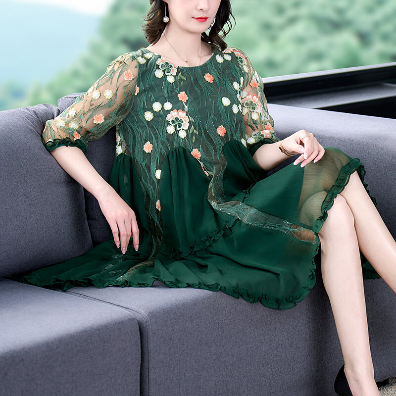 Летнее зеленое платье миди из натурального шелка с вышивкой и вырезами, 2024, женские модные элегантные облегающие Повседневные платья в Корейском стиле