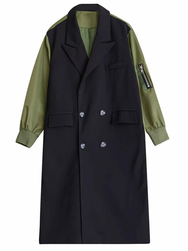 High End Color Matching Suit Collar Blazer Trendy Trench Coat Fashionable Stylish Lantern Sleeve Splicing Long Windbreaker K960