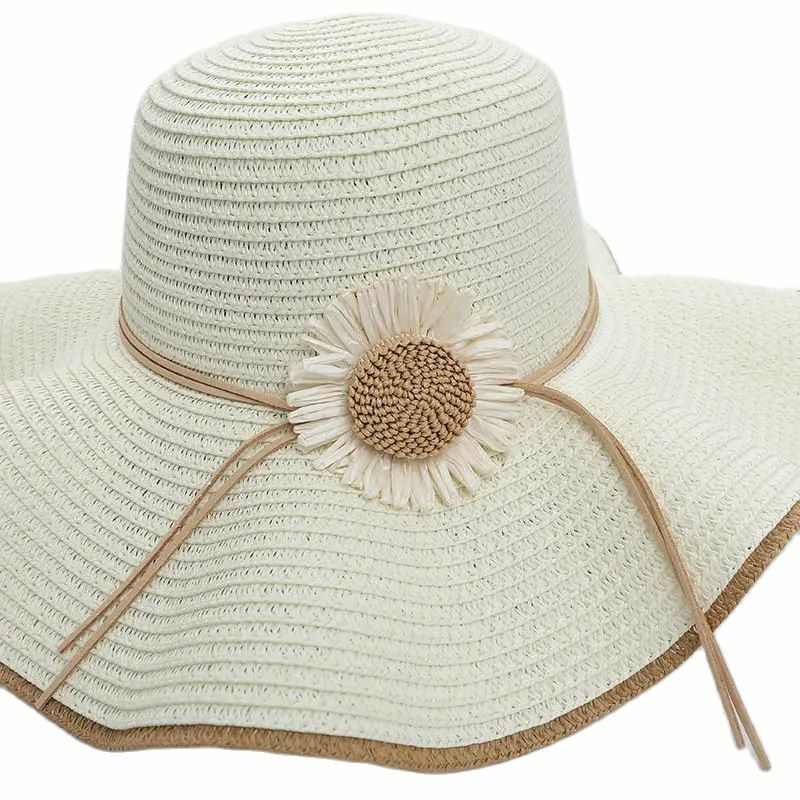 Topi matahari perjalanan pantai kerai musim panas baru topi jerami bunga wanita romantis topi matahari bertepi besar