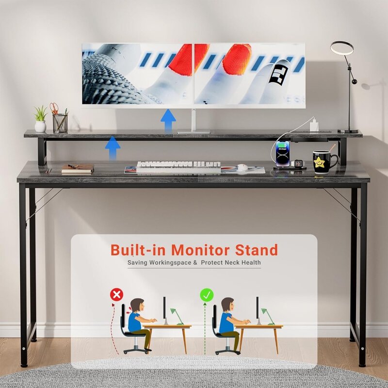47-calowe biurko komputerowe z gniazdkami, biurko do gier z lampkami LED, biurko do praca w biurze domowego z półką na Monitor, nowoczesne biuro