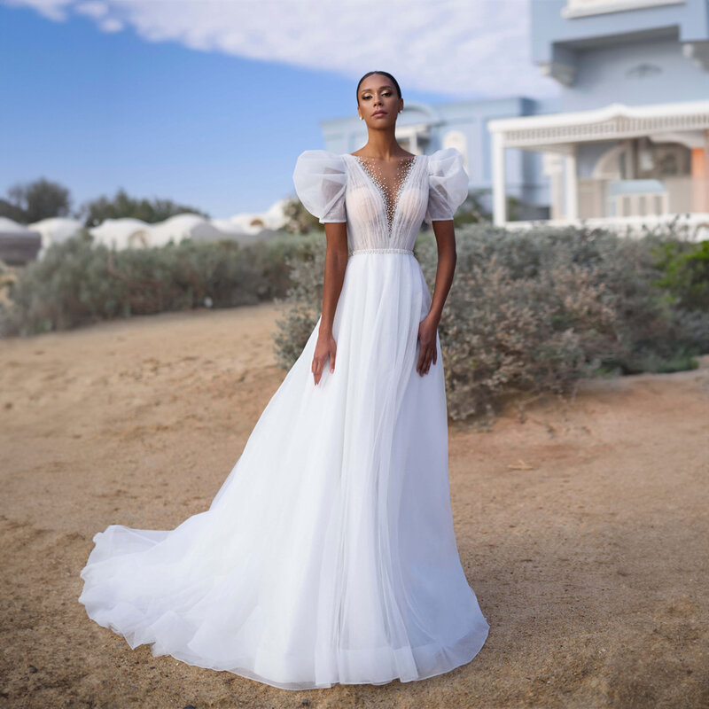 Modest Boat Collar Chiffon Beaded Wedding Dress for Bride A-line Short Sleeve Court Belt Wedding Bridal Gown robe de mariée