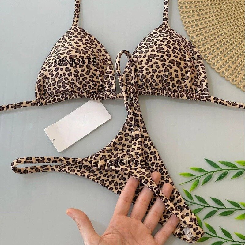 QINJOYER-Bikini brasileño con estampado de leopardo para mujer, traje de baño de 2 piezas con cordón, ropa de playa