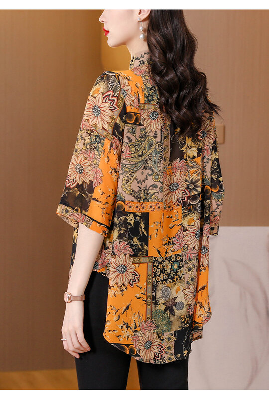 2023 Summer New Silk Medium Length Polo Neck Shirt Cardigan Women's Flower Print Top Long Sleeve Small Shirt Sun Shield