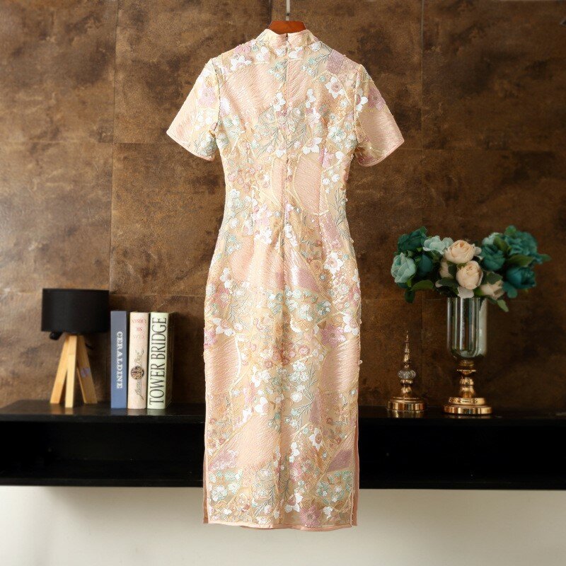 Damska Cheongsam różowa Toast sukienka lekka cekinowy haft elegancja Retro