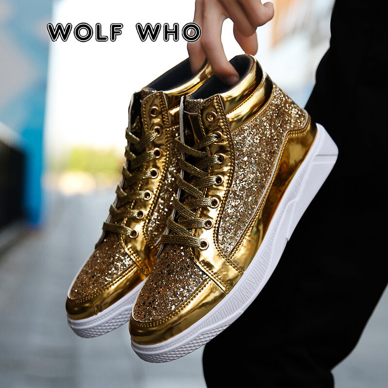 2022 scarpe Casual da uomo in pelle PU Hip Hop Gold Fashion Sneakers uomo argento microfibra top alti paillettes scarpe da uomo Chaussure Tennis