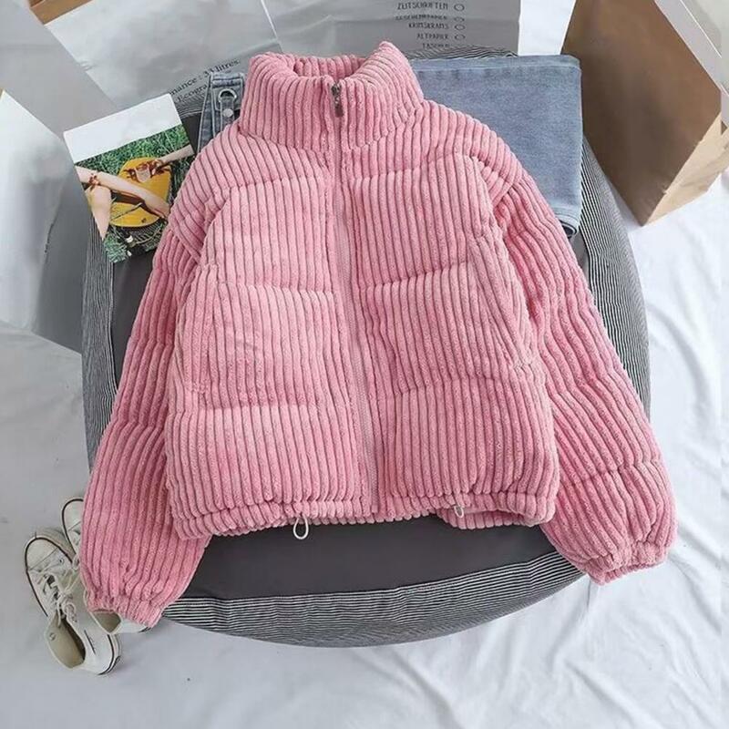 Women Short Jacket Stylish Women's Winter Coat with Stand Collar Thick Heat Retention Striped Texture Fashionable for Cold