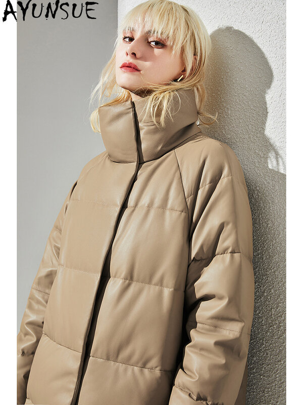 AYUNSUE Real Leather Jacket Women Genuine Sheepskin Coat 90% White Goose Down Coat Standing Collar Fashion Mid-long Warm Parkas
