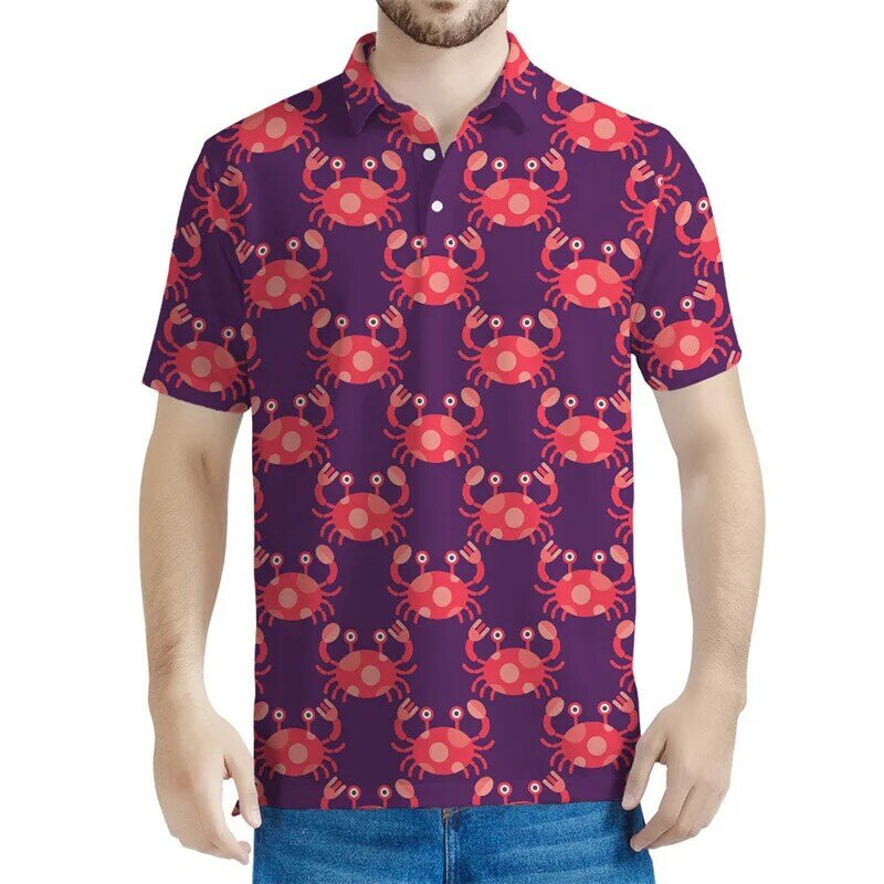 Cute Animal Crab Pattern Polo para homens e mulheres, camiseta impressa 3D para crianças, streetwear de verão, tops de manga curta, camisetas de lapela