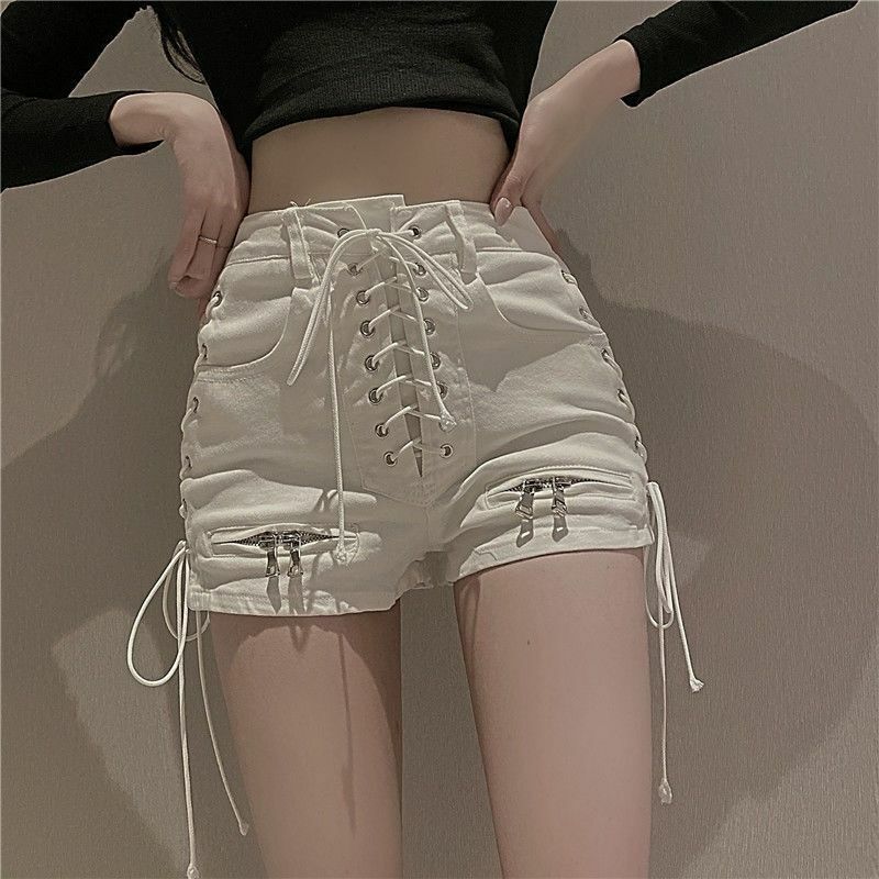 Shorts jeans bandage sexy feminino, jeans gótico, mini cintura alta, com renda para cima, zíper casual, preto, moda clube, streetwear, novo