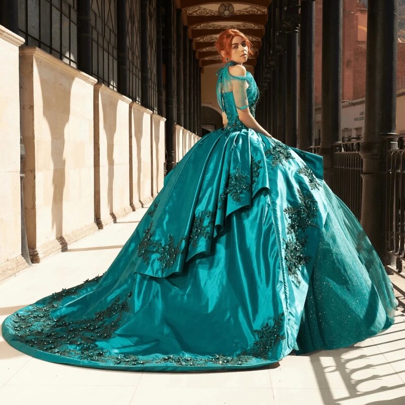 Teal Blue Charro Quinceanera Dresses Ball Gown Sweetheart Tulle Appliques Beaded Puffy Mexican Sweet 16 Dresses 15 Anos