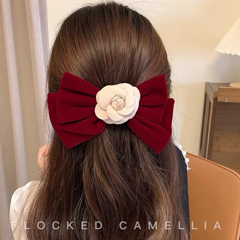 New Black Velvet Bow Hair Pins Elegant Fabric Alloy Roses Hair Clips For Women Fashion Ponytail Headwear Styling Accessories