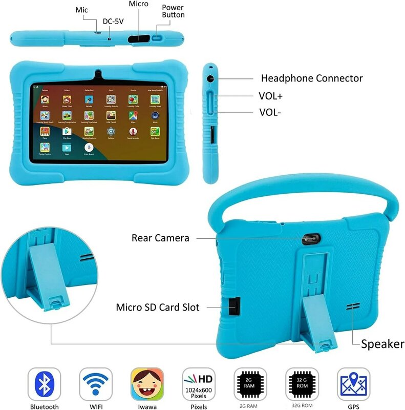 Детский планшет, 7-дюймовый Дошкольный учебный планшет, USB зарядка, родительский замок, 32 г, бесплатное содержание ребенка, защита глаз HDScreen, 2 камеры