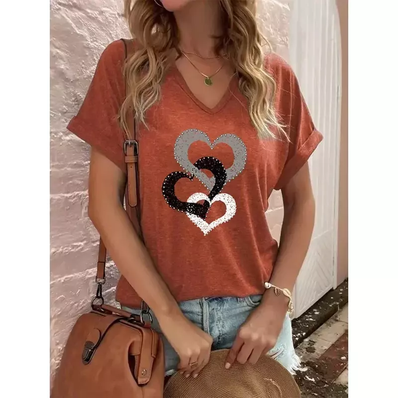 Camiseta extragrande em forma de coração feminina, Tops de manga curta, camisa 3D, camiseta feminina, roupa com o pescoço, moda verão, 2023