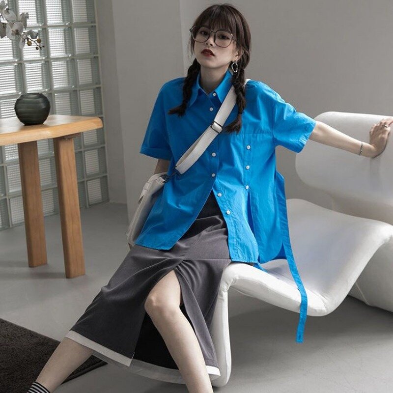ใหม่เสื้อโปโลคอหลวมแขนสั้นฤดูร้อนผูก MODE Korea เสื้อผู้หญิงเสื้อเบลาส์แยกดีไซน์ไม่ซ้ำใคร