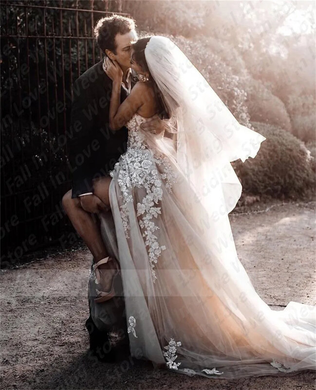 Classic Vestidos De Novia Boho Tulle Lace Applique abiti da sposa fiori 3D a-line senza spalline Sweep Train Beach abiti da sposa