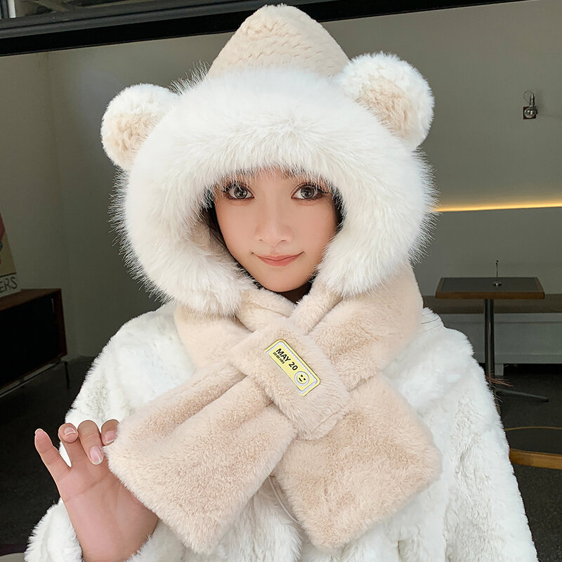 Cute bear female hat winter plush hat scarf one ear protection thickened windproof warm