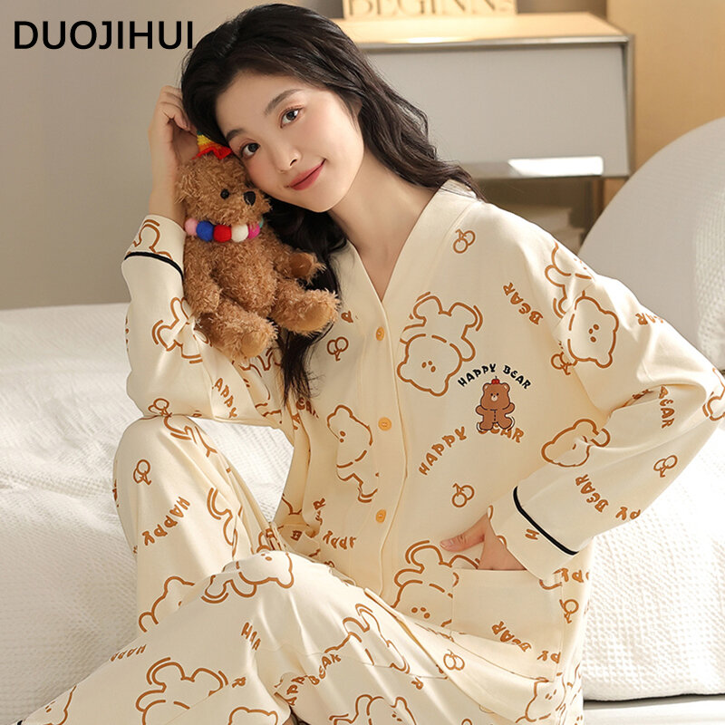 DUOJIHUI-Conjunto de pijamas de duas peças para mulheres, cardigã com decote em v, calça básica com peito, moda casual, cor pura, novo