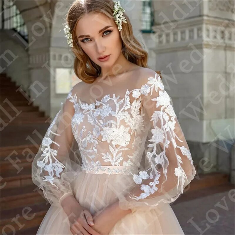 Ładna ślubna sukienka z dekoltem i bufiastymi długimi rękawami w kształcie litery na guziki z tyłu szata z wesele sukienka 2024 Vestidos de gala mujer