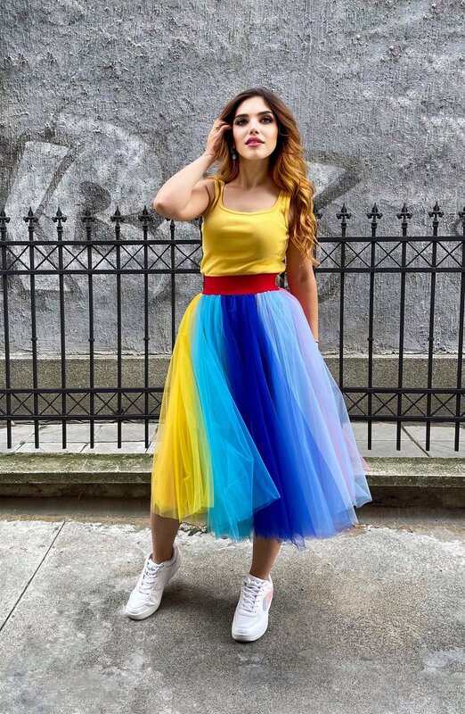 Women Rainbow Tulle Skirt Petticoat Long Tutu Princess Multicolored Birthday Party Skirt Jupon Faldas Quinceanera Dress 2023