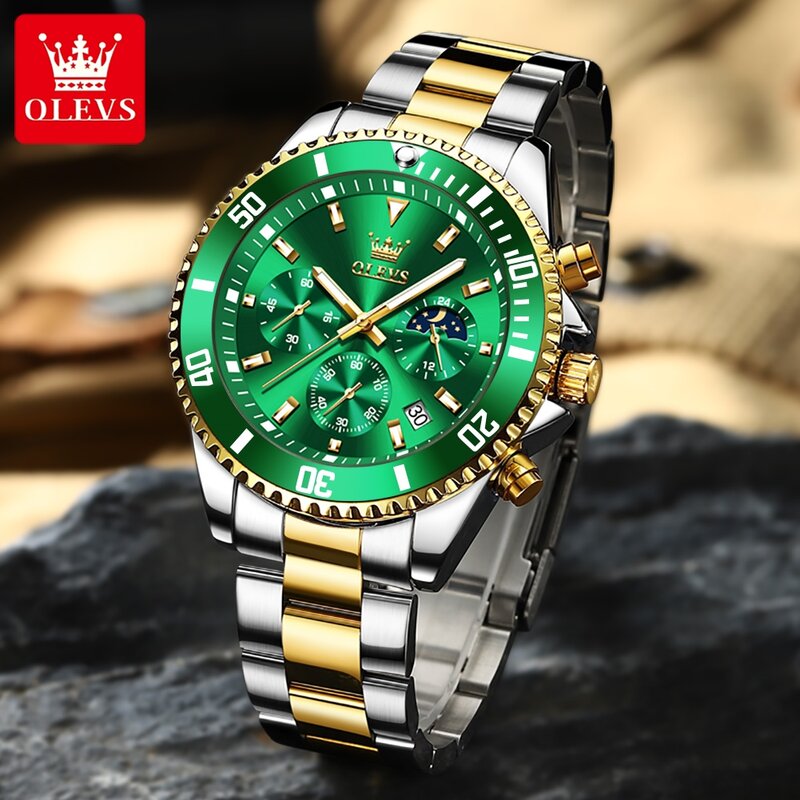 OLEVS Fashion Green Dial Quartz Watch Stainless Steel Top Brand Luxury Sport Waterproof Classic Men Luminous Chronograph Watches