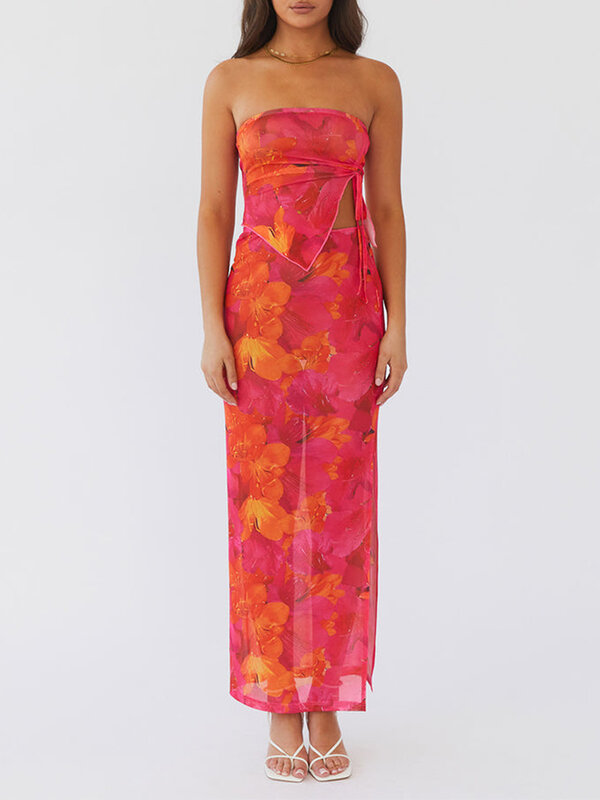 Women Summer Y2k Maxi Skirt Set Floral Irregular Drawstring Cami Top Long Split Skirt Suit Going Out Clothes