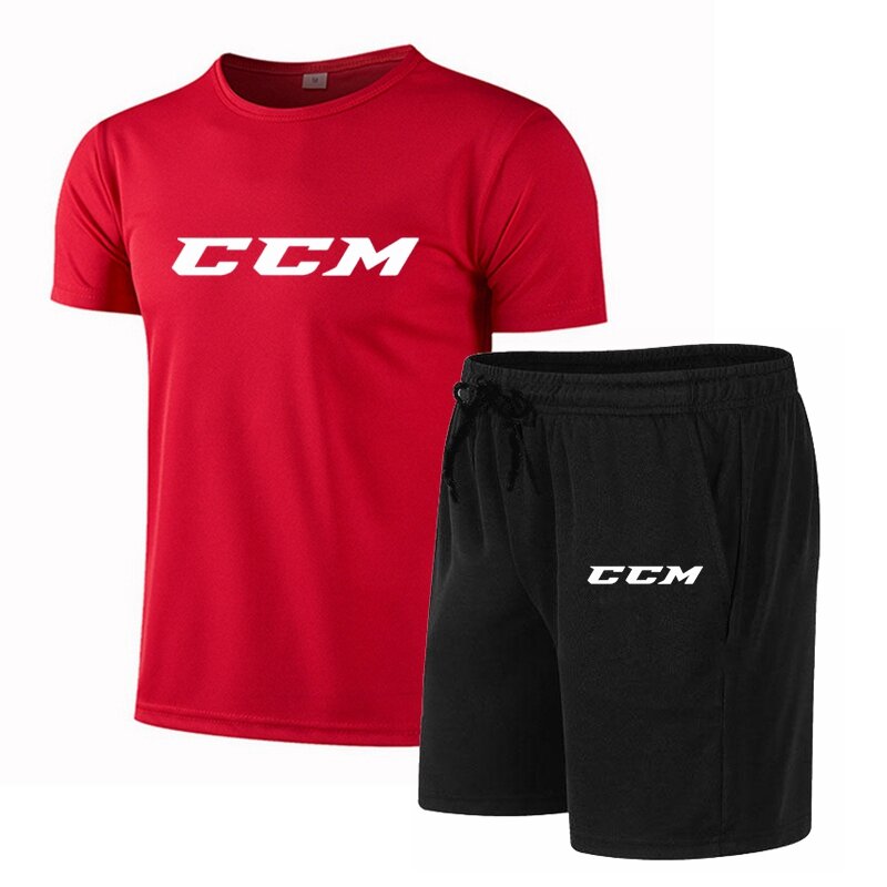 Setelan pakaian olahraga kebugaran pria, pakaian kasual pria musim panas CCM lengan pendek + celana pendek 2 potong
