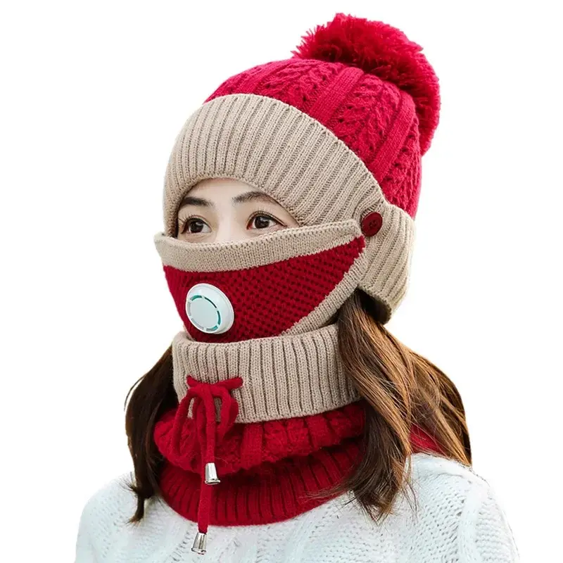 女性の顔の保護スカーフセット、キャップマスク、襟、ボール、屋外サイクル、ニット帽、大人の女性、女の子のアクセサリー、冬のセット