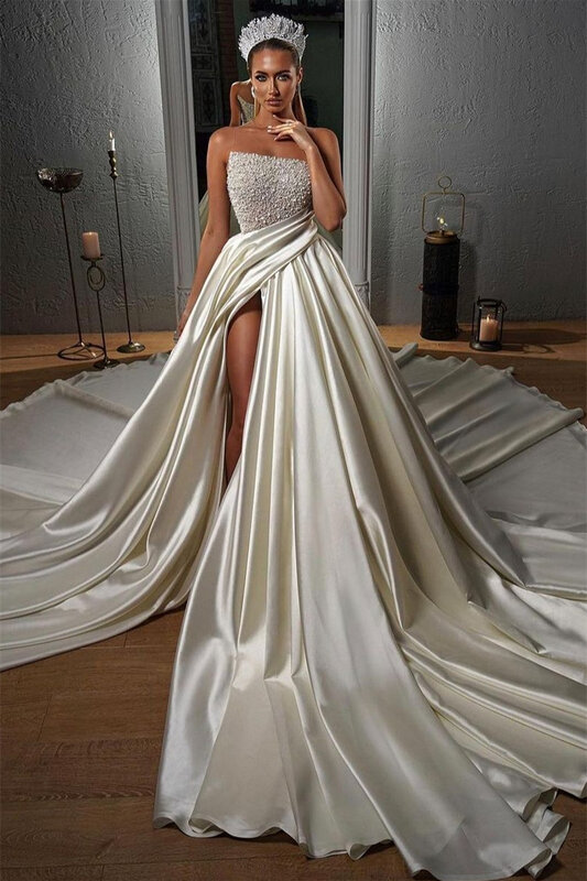 Luksusowe, oszałamiające satynowe suknie ślubne z koralikami rozcięcia po bokach formalne odzież damska ślubne
