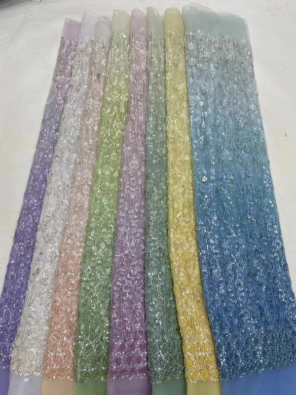 Terbaru kain renda payet Afrika 2024 kualitas tinggi renda bordir 3D kain jala manik-manik 5 yard untuk wanita gaun pesta pernikahan
