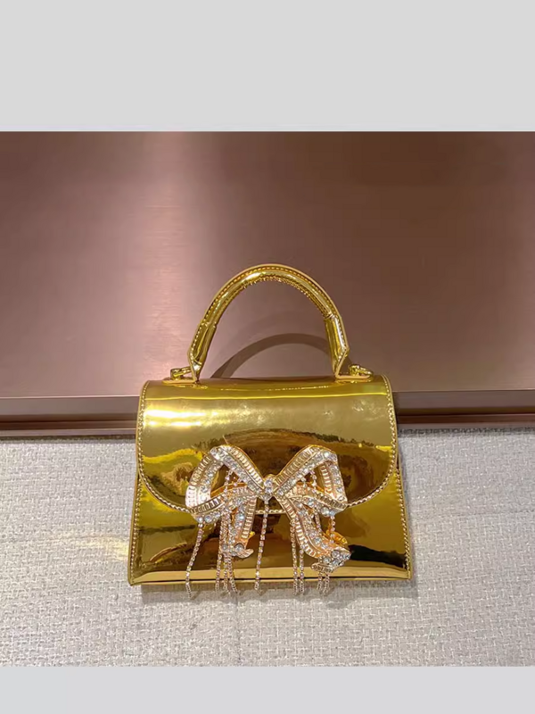 Niche Metal Bowknot Portable Small Square Bag Women's Wedding Party Bright Face Evening Bag Glitter Rhinestone Gold Mini Handbag