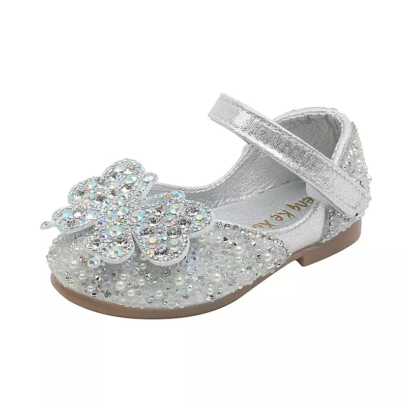 Kids Leather Shoe Spring Autumn Ballet Flats for Girls Luxury Rhinestone Butterfly Children Princess Shallow Flat Dress Shoes