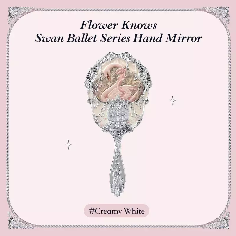 Flower Knows Swan Ballet Series Hand Holding Mirror 3 Types Exquisite Relief Makeup Tools Pink Blue White