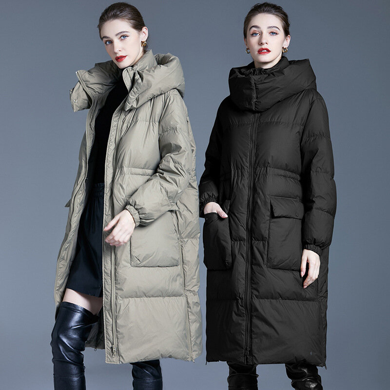 Зимнее пальто на белом утином пуху, женское Новое повседневное длинное утепленное пальто до колен, пуховик со съемной шапкой, женская зимняя одежда 2023