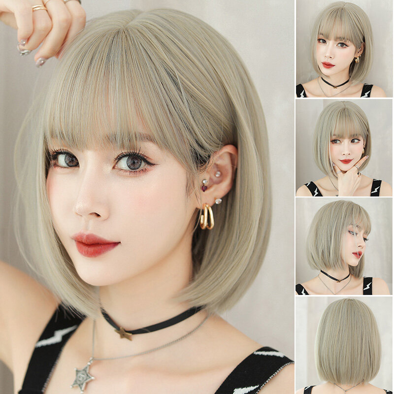 Fashionable Inward Short Straight Hair Bob 31CM Beige Natural  Wig with Bangs for Woman Daily Use Synthetic Fiber Wigs