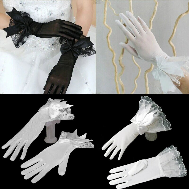 Женские короткие перчатки для невесты, сексуальные прозрачные ультратонкие кружевные варежки с бантом, женские элегантные вечерние перчатки с закрытыми пальцами, реквизит для косплея