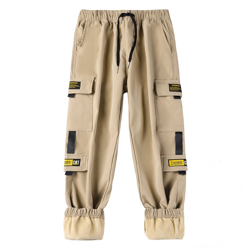 CUMUKKIYP Calças de carga masculino engrossado velo, cintura Drawstring bolsos e pernas algemadas