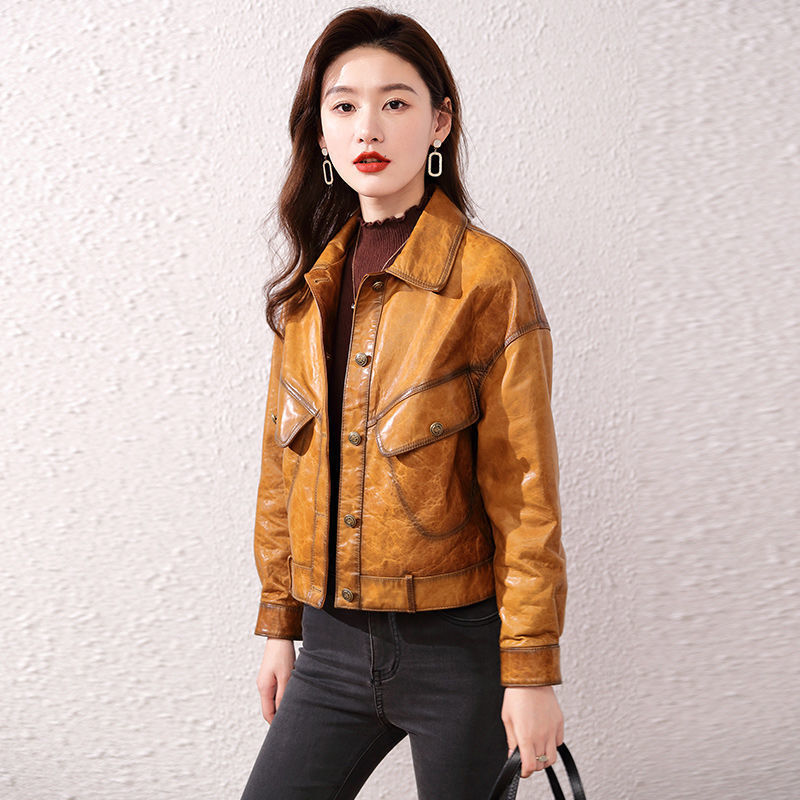 New Sheepskin Coat for Women Spring Autumn Fashion Lapel Single-Breasted Casual Short Red Wine Waxy Leather Jacket Abrigo Mujer 