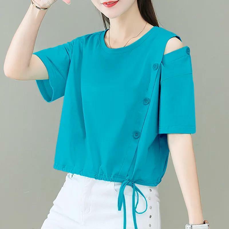 2024 lato nowy jednolity kolor damski okrągły dekolt zapinany na ramiączkach krótki luźna moda t-shirt z krótkim rękawem