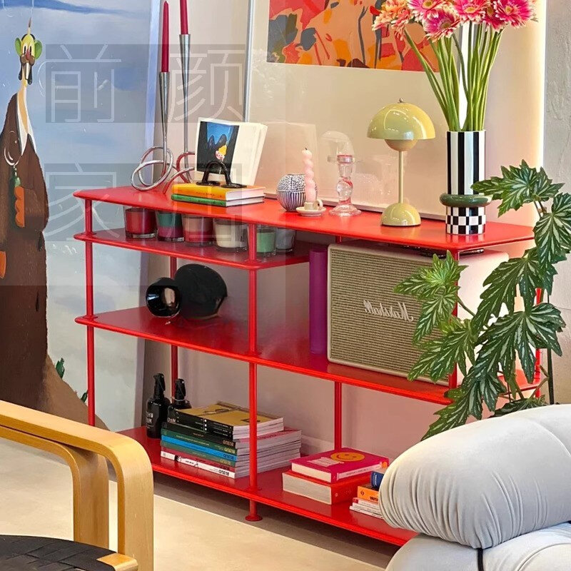 Floor-to-ceiling shelves Living room storage shelves are displayed in red style