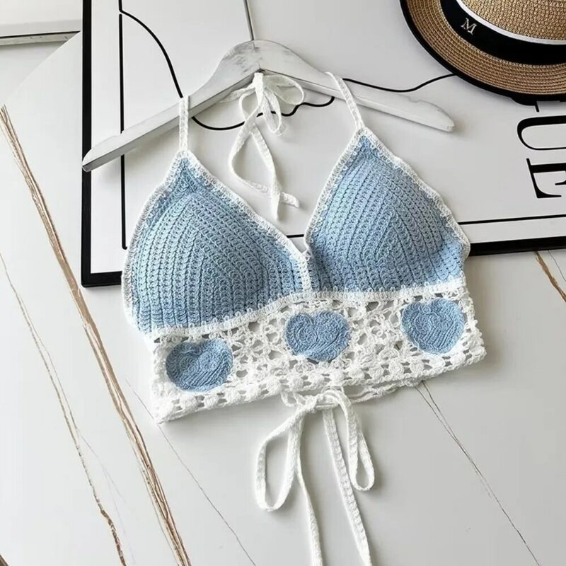 National Style Women Swimwear Top New with Chest Pads Bohemian Beach Wear Outfit Crochet Hanging Neck Camisole Street