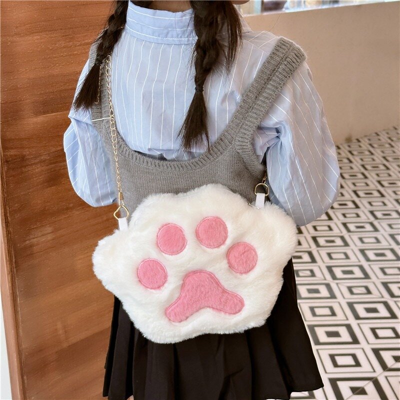 Tas bahu selempang cakar kucing lembut Kawaii untuk anak perempuan anak-anak tas Messenger berbulu kartun dompet koin cakar kucing boneka lembut