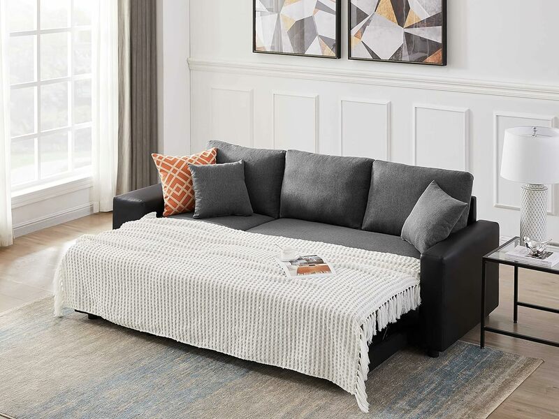 Canapé sectionnel réversible en lin avec rangement, canapé-lit et chaise, 2 tabourets en acier, ensemble de meubles